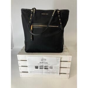 MICHAEL KORS LEILA LARGE BLACK NYLON, LEATHER SHOULDER BAG